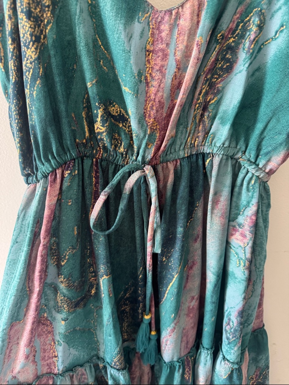 Teal Marble Print Midi Dress with Tie Waist